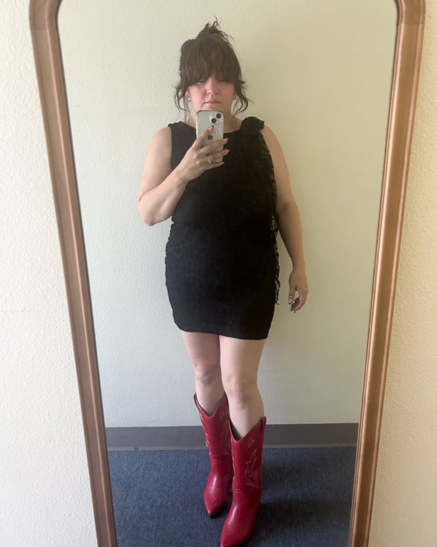black dress with red cowboy boots any excuse to dress up 8.8.26