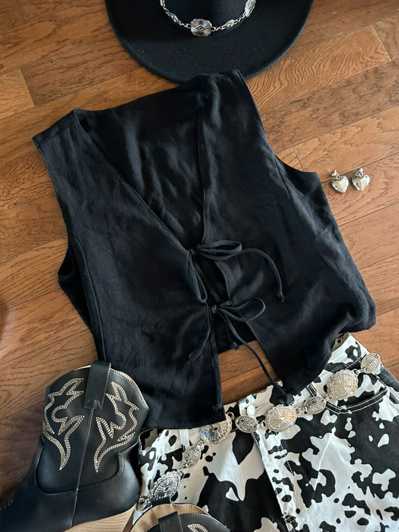 Black Linen Tie Front Vest Top - Cindy Jane Boutique - Tanks, Camis & Tube Tops