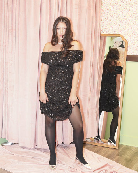 Black Off Shoulder Ruched Sequin Mini Dress L / Black