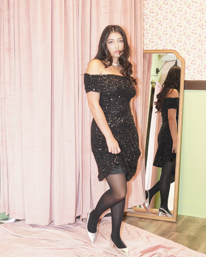 Black Off Shoulder Ruched Sequin Mini Dress L / Black Black Off Shoulder Ruched Sequin Mini Dress L / Black