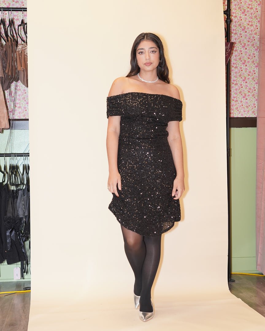 Black Off Shoulder Ruched Sequin Mini Dress L / Black Black Off Shoulder Ruched Sequin Mini Dress L / Black