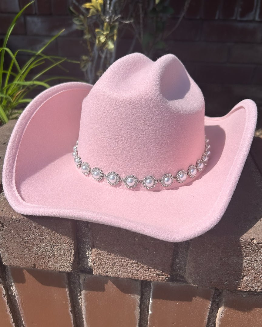 Blush Pink Pearl Strap Cowboy Hat - Cindy Jane Boutique - Hats