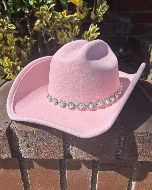 Blush Pink Pearl Strap Cowboy Hat - Cindy Jane Boutique - Hats