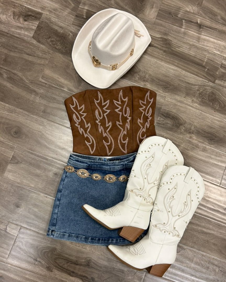 Brown Faux Leather Embroidered Western Cowboy Corset Top - Cindy Jane Boutique - Tanks, Camis & Tube Tops