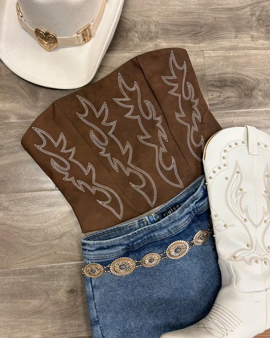 Brown Faux Leather Embroidered Western Cowboy Corset Top - Cindy Jane Boutique - Tanks, Camis & Tube Tops