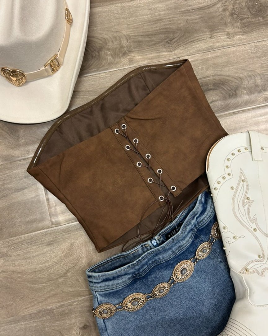 Brown Faux Leather Embroidered Western Cowboy Corset Top - Cindy Jane Boutique - Tanks, Camis & Tube Tops