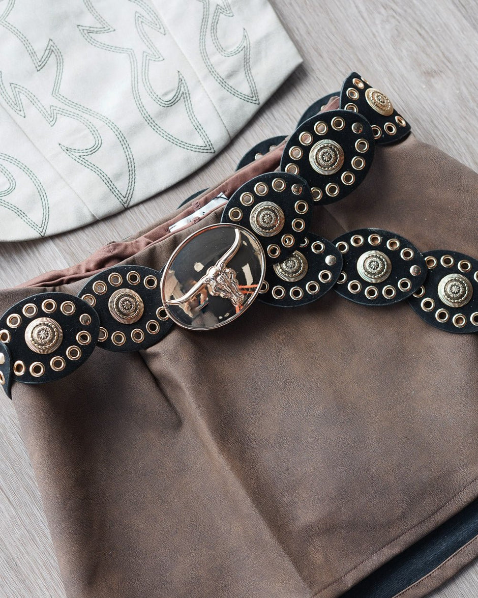 Chicyis Western Disc Belt - Faux Leather & Ornate Round Disc Fit