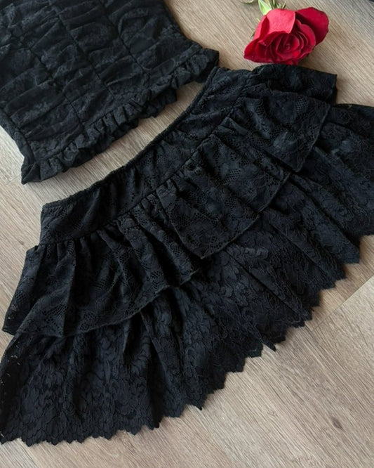 Calico Black Lace Tiered Ruffle Skort - Cindy Jane Boutique - Skirts
