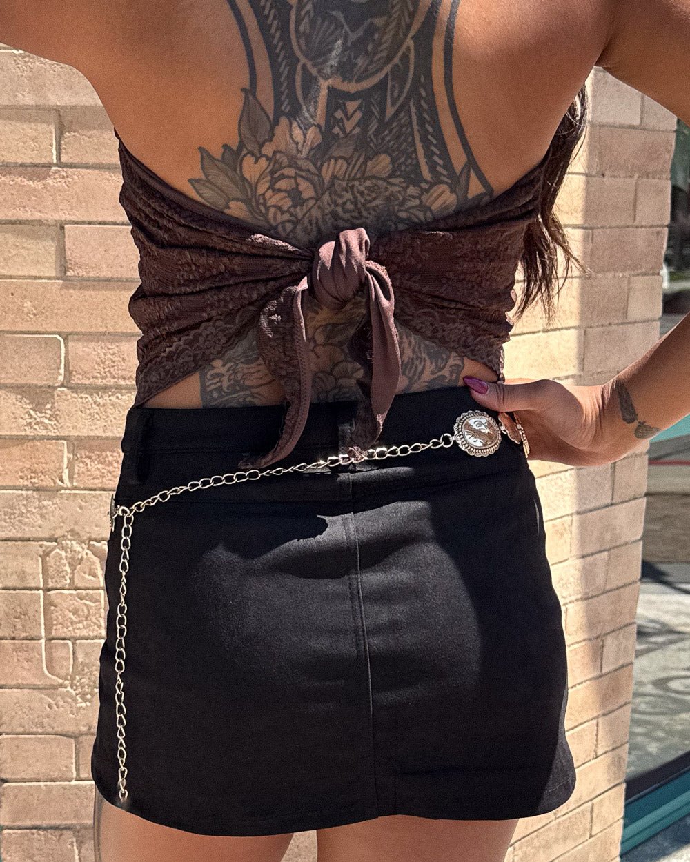 Canela Black Faux Suede Button Front Mini Skort