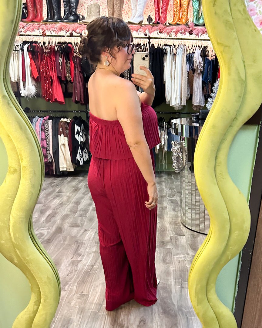 Cerise Plisse Strapless Ruffle Jumpsuit - Cindy Jane Boutique - Jumpsuits