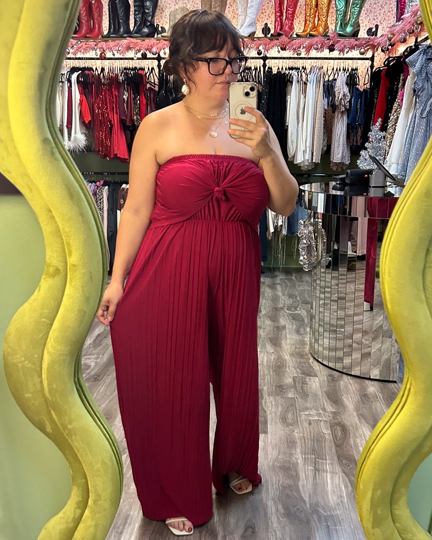 Cerise Plisse Strapless Ruffle Jumpsuit - Cindy Jane Boutique - Jumpsuits