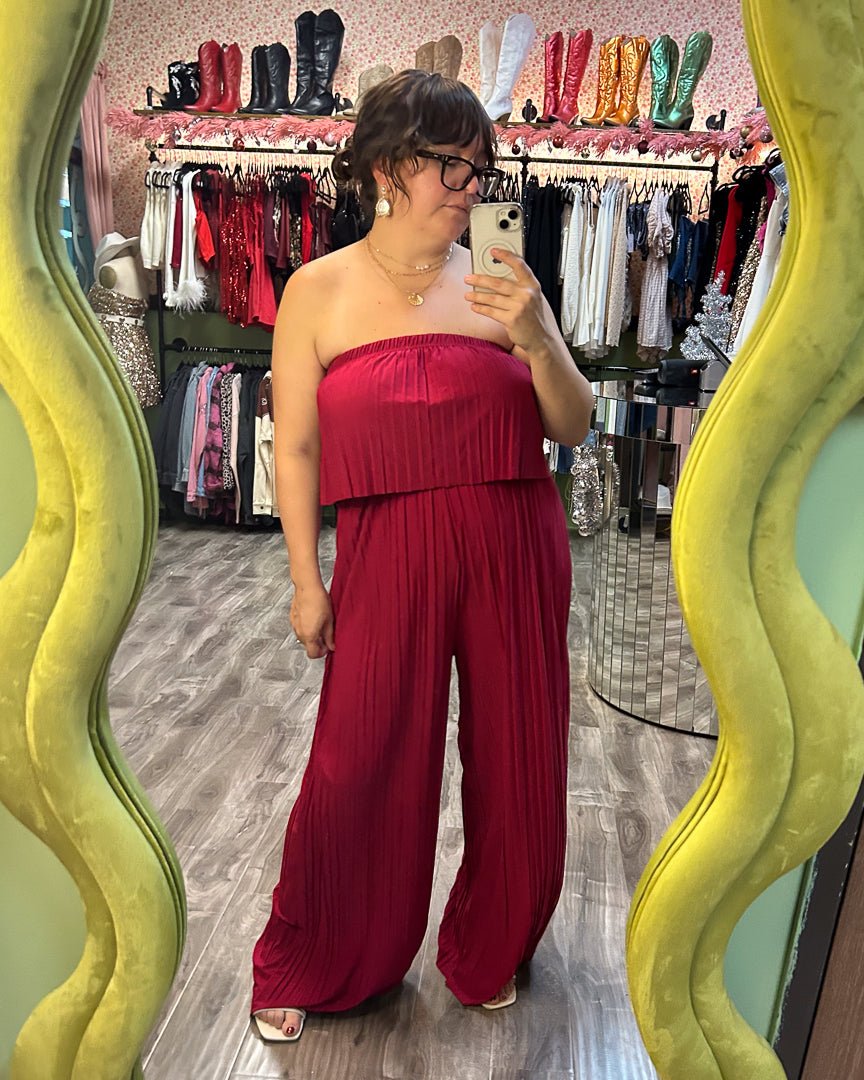 Cerise Plisse Strapless Ruffle Jumpsuit - Cindy Jane Boutique - Jumpsuits