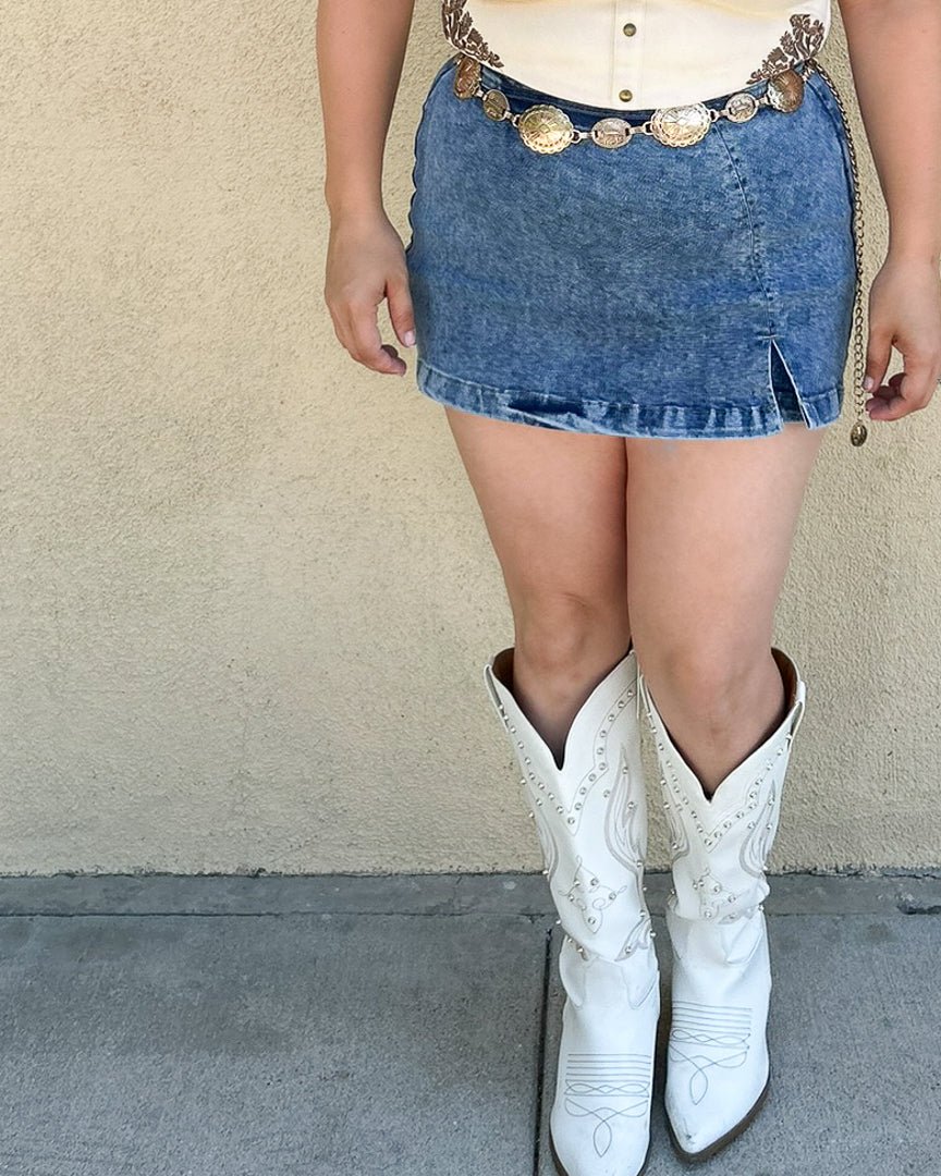 Cielo Medium Wash Mini Denim Skort With Side Slit - Cindy Jane Boutique - Skirts