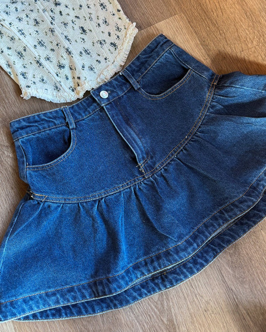 Clover Dark Wash Denim Ruffle Mini Skirt - Cindy Jane Boutique - Skirts