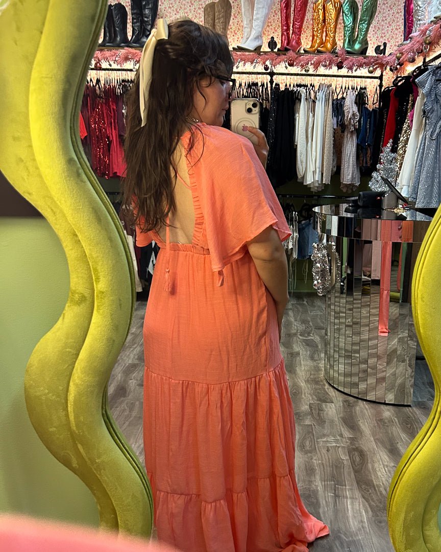 Coral Flutter Sleeve Plunging Maxi Dress Cindy Jane Boutique Coral Flutter Sleeve Plunging Maxi Dress Cindy Jane Boutique