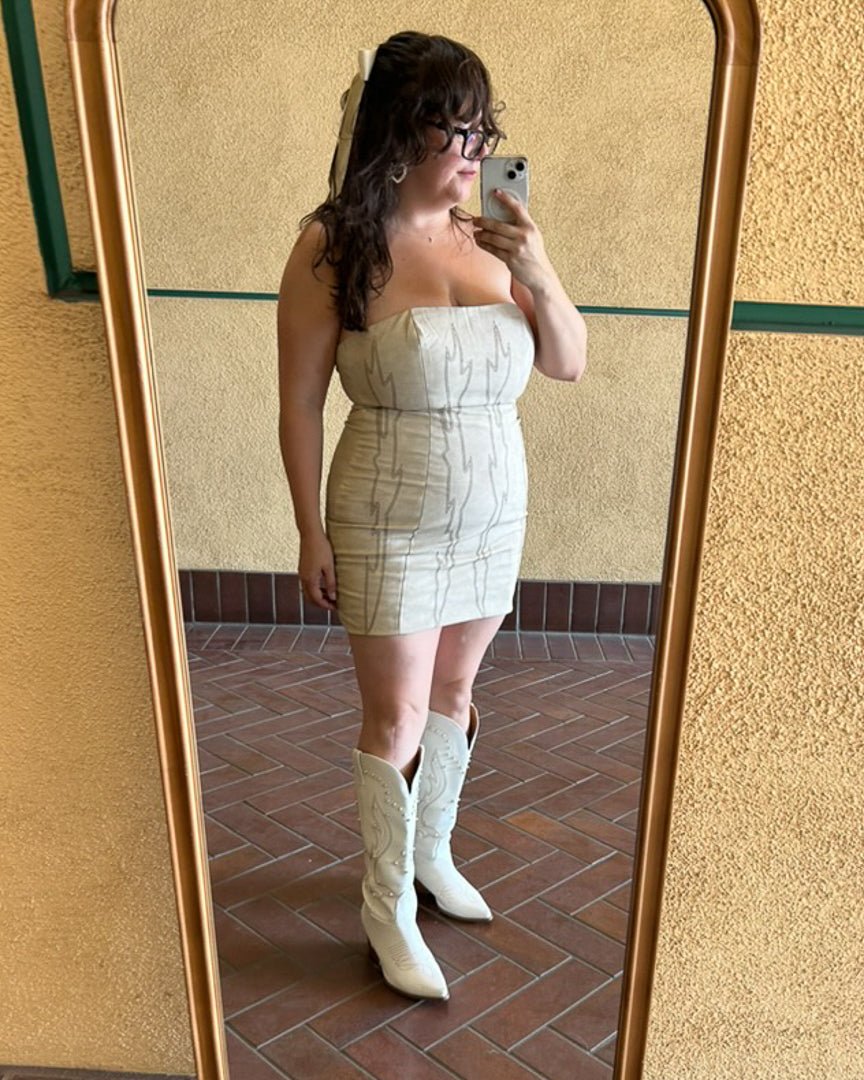 Cream Backless Faux Leather Western Embroidered Mini Dress S / Cream Cream Backless Faux Leather Western Embroidered Mini Dress S / Cream