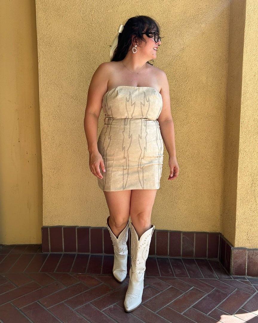 Cream Backless Faux Leather Western Embroidered Mini Dress S / Cream Cream Backless Faux Leather Western Embroidered Mini Dress S / Cream