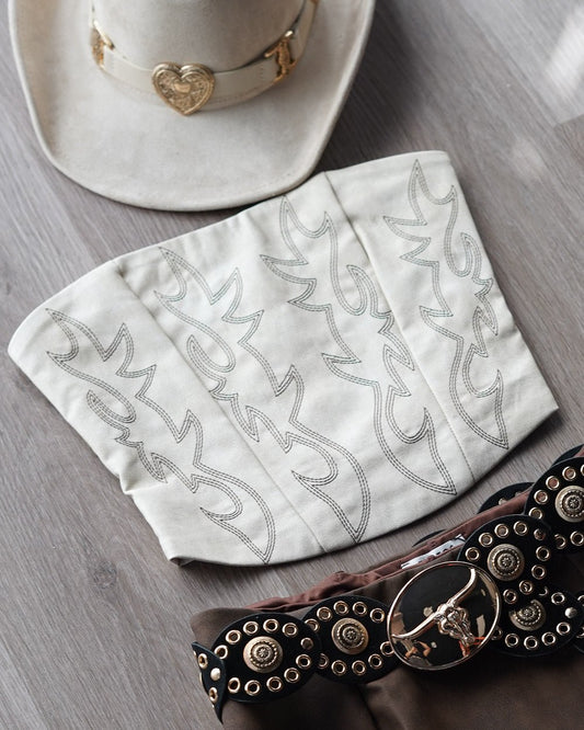 Cream Faux Leather Embroidered Western Cowboy Corset Top - Cindy Jane Boutique - Tanks, Camis & Tube Tops