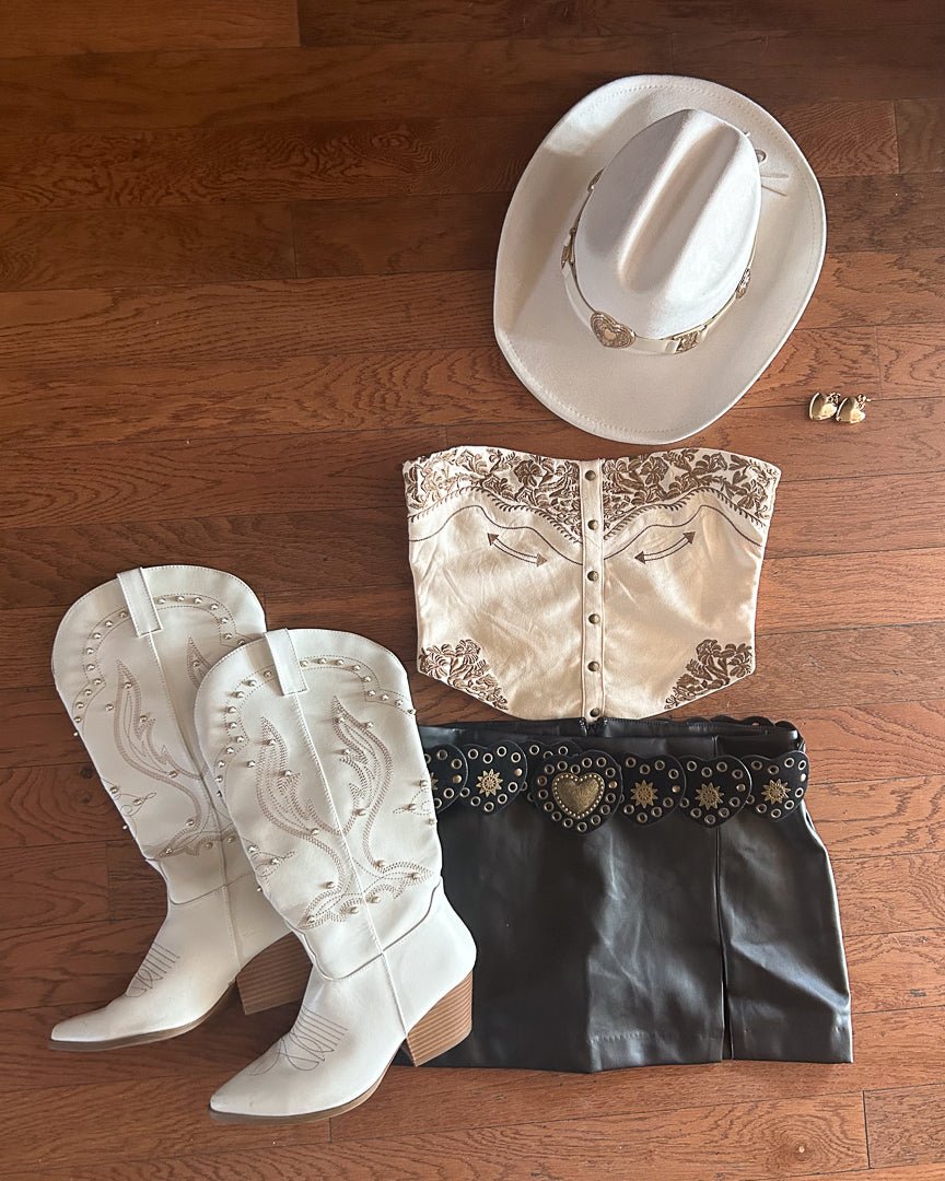 Cream Faux Suede Western Embroidered Strapless Corset Top - Cindy Jane Boutique - Tanks, Camis & Tube Tops