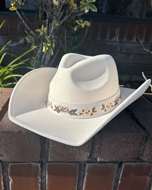 Cream Floral Embroidered Strap Cowboy Hat - Cindy Jane Boutique - Hats