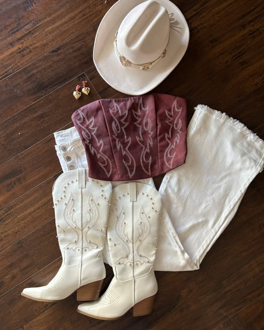 Dark Red Faux Leather Embroidered Western Cowboy Corset Top - Cindy Jane Boutique - Tanks, Camis & Tube Tops