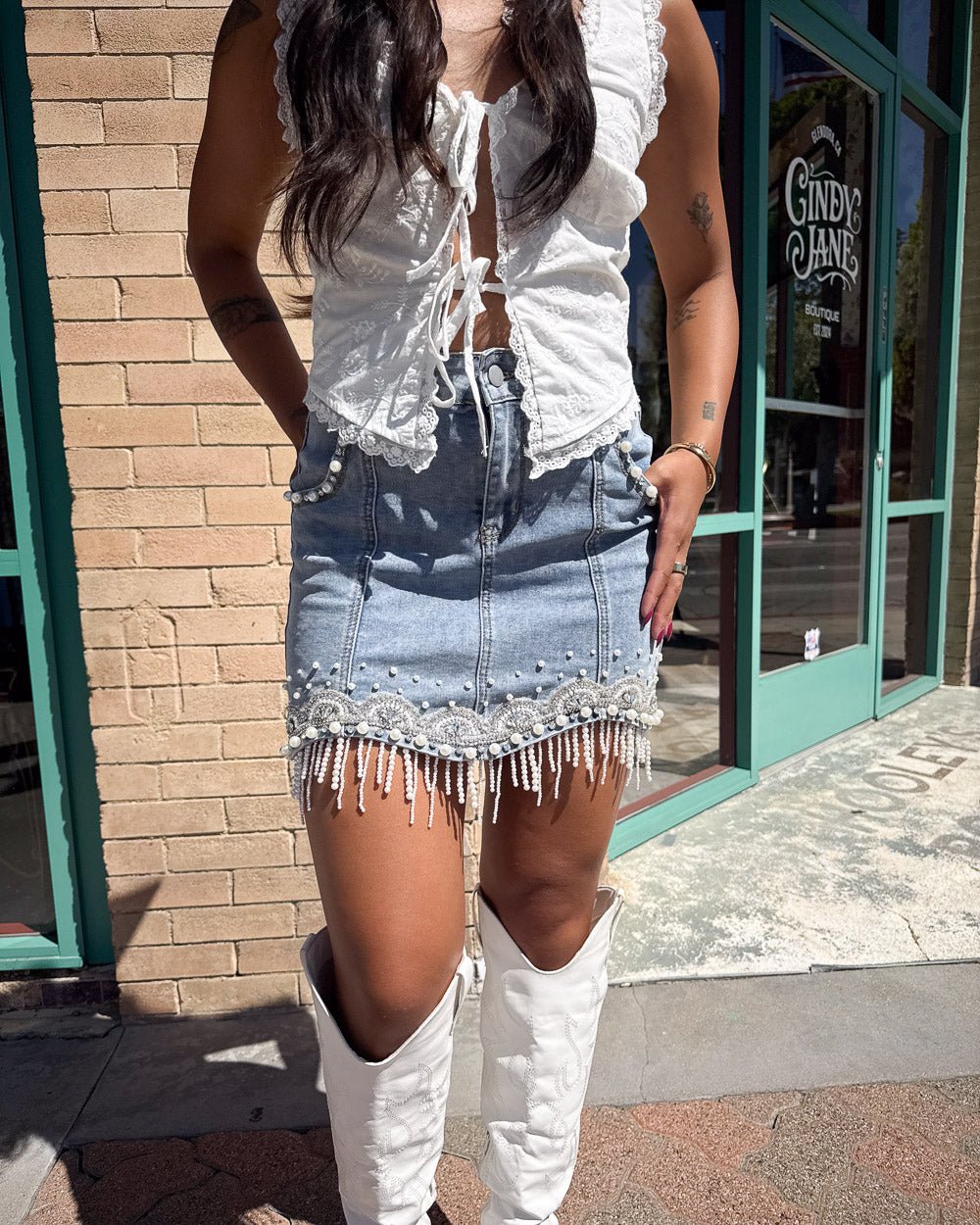 Denim and Diamonds Light Wash Pearl Fringe Mini Skirt - Cindy Jane Boutique - Skirts