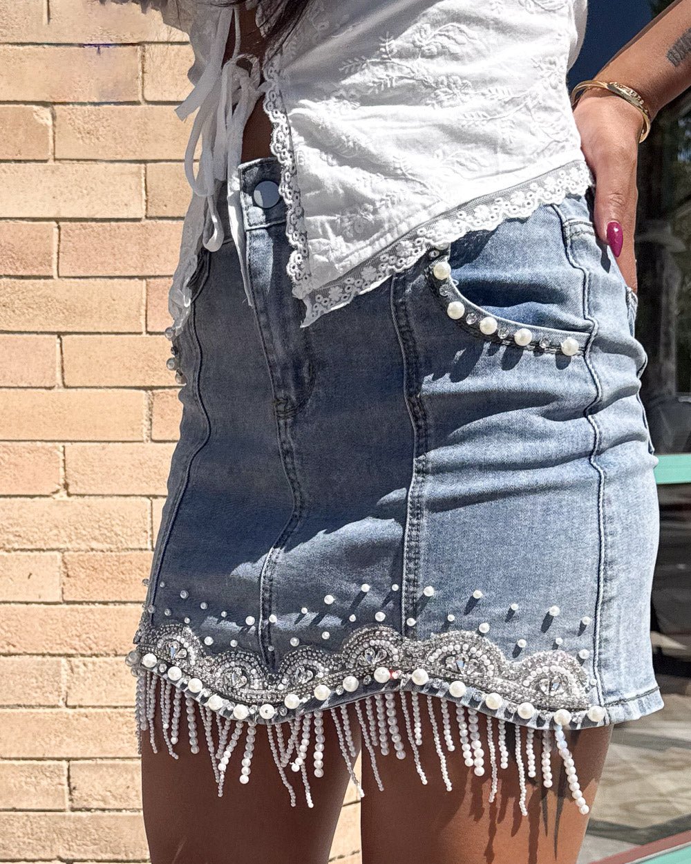 Denim and Diamonds Light Wash Pearl Fringe Mini Skirt - Cindy Jane Boutique - Skirts
