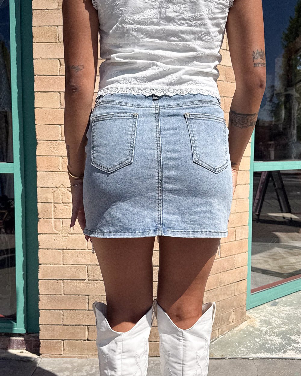 Denim and Diamonds Light Wash Pearl Fringe Mini Skirt - Cindy Jane Boutique - Skirts