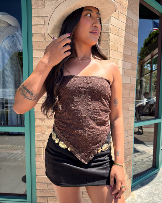 Fall To Pieces Dark Brown Strapless Lace Bandana Top - Cindy Jane Boutique - Tanks, Camis & Tube Tops