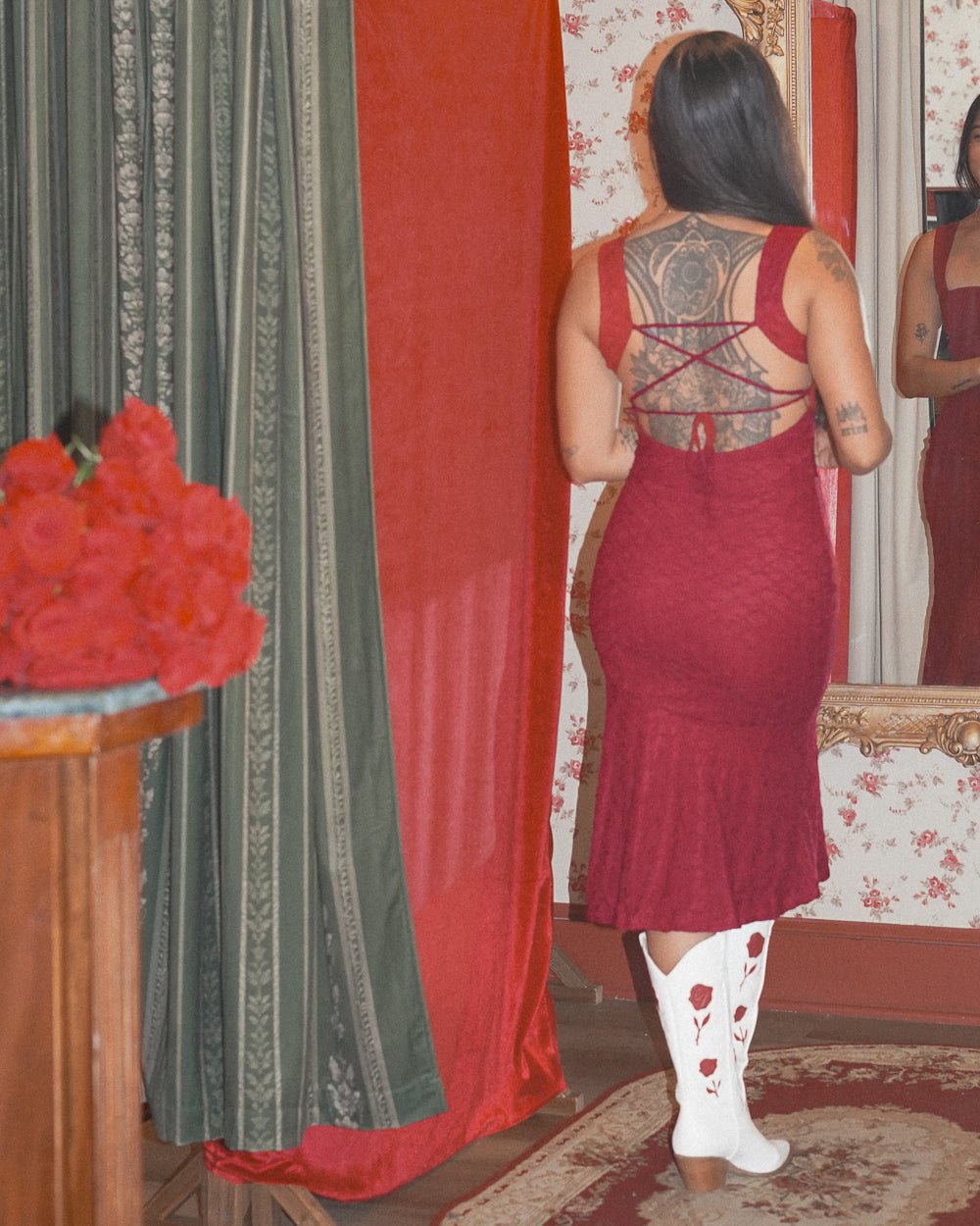 Femme Fatale Burgundy Open Back Lace Midi Dress - Cindy Jane Boutique - Midi Dresses