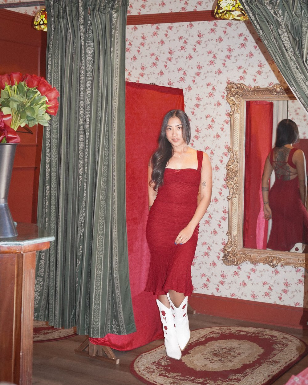 Femme Fatale Burgundy Open Back Lace Midi Dress - Cindy Jane Boutique - Midi Dresses