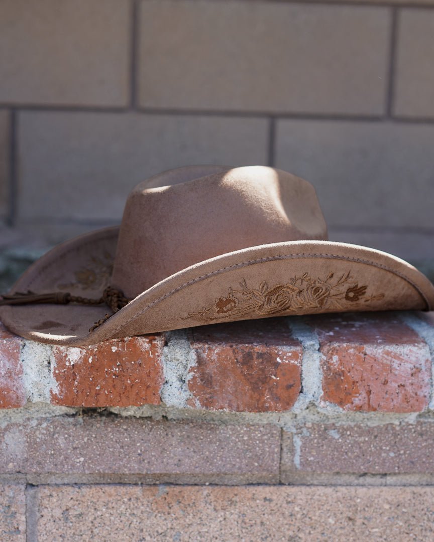 Flower Child Brown Faux Suede Floral Embroidered Cowboy Hat - Cindy Jane Boutique - Hats