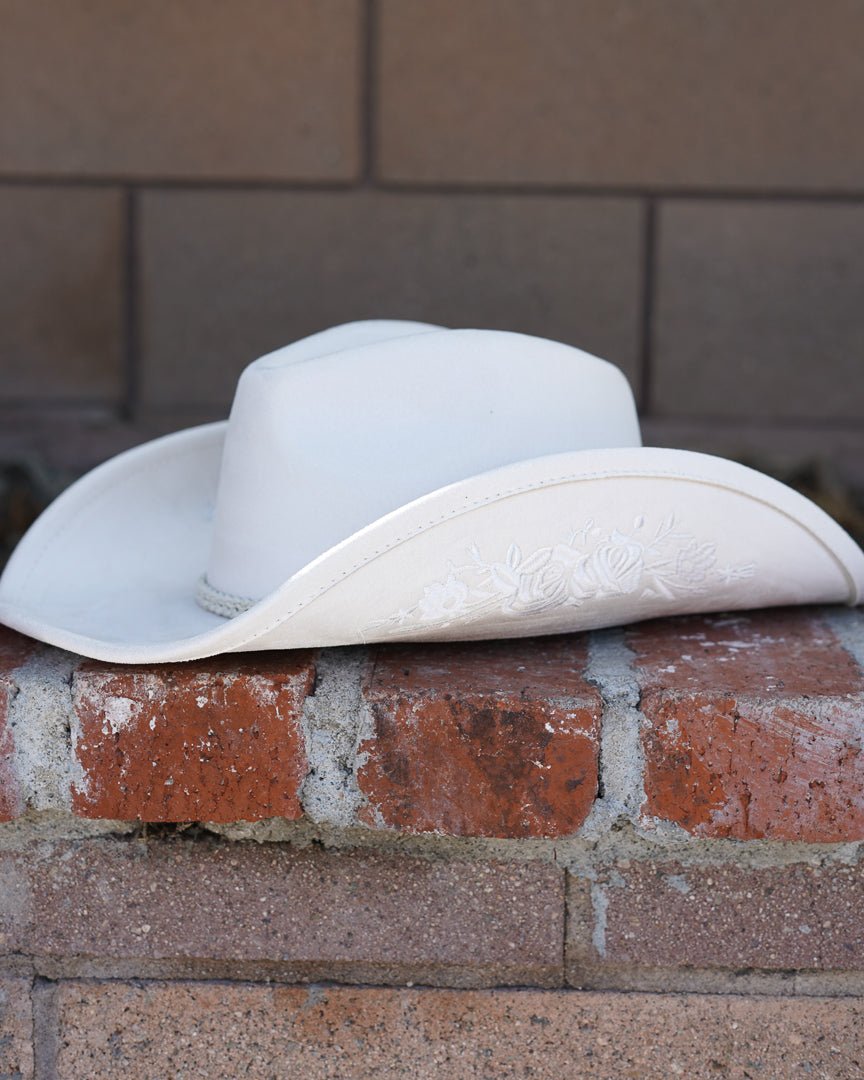 Flower Child Ivory Faux Suede Floral Embroidered Cowboy Hat - Cindy Jane Boutique - Hats