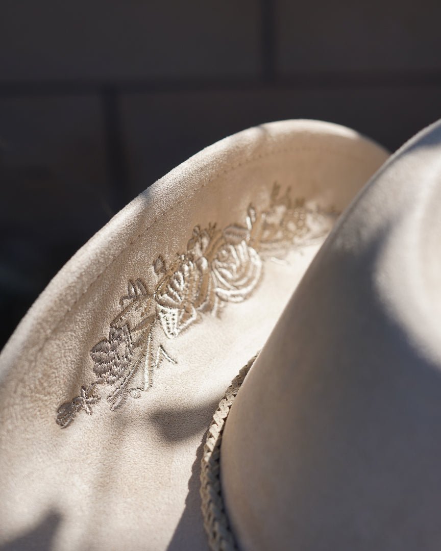 Flower Child Khaki Faux Suede Floral Embroidered Cowboy Hat