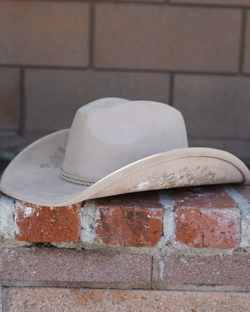 Flower Child Khaki Faux Suede Floral Embroidered Cowboy Hat