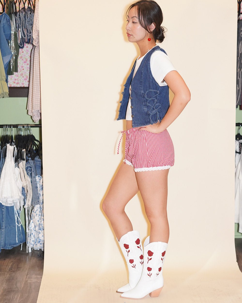 Gabby Red Eyelet Lace Trim Gingham Shorts - Cindy Jane Boutique - Shorts