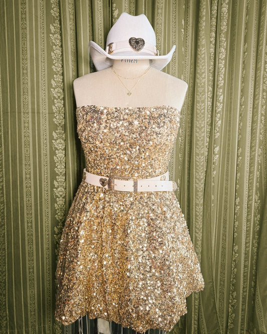 Gold Pleated Off Shoulder Bubble Hem Strapless Sequin Mini Dress - Cindy Jane Boutique - Short Dresses