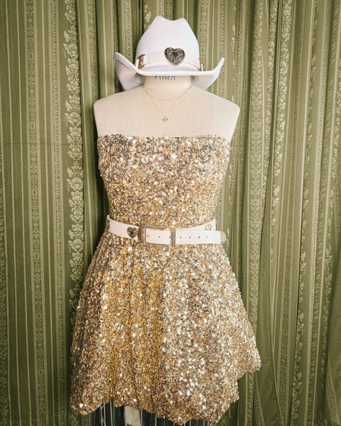 Gold Pleated Off Shoulder Bubble Hem Strapless Sequin Mini Dress L / Gold