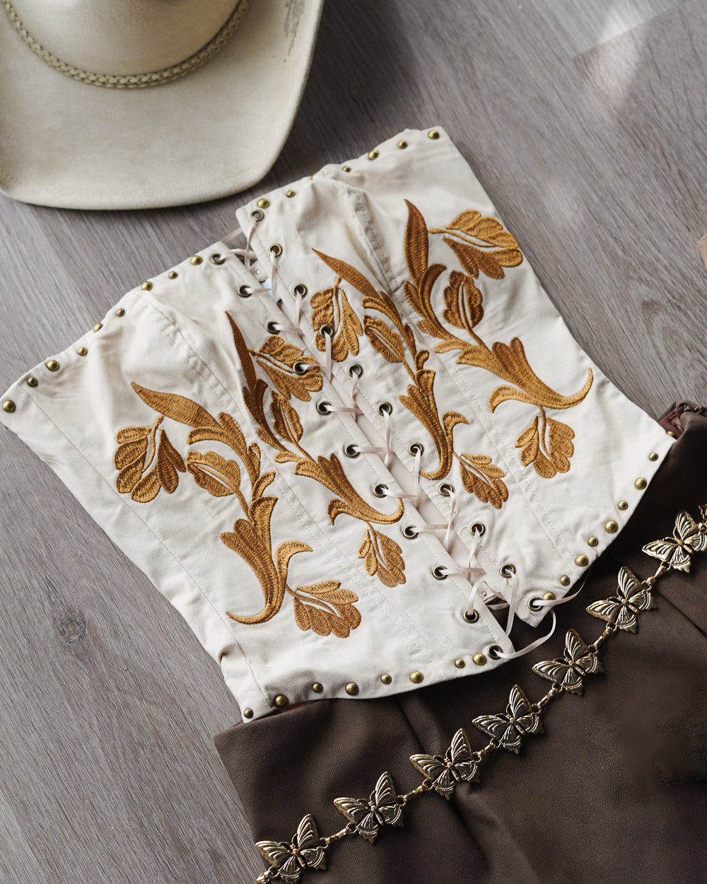 Hawthorne Khaki Woven Floral Embroidered Studded Lace Front Corset Top - Cindy Jane Boutique - Tanks, Camis & Tube Tops