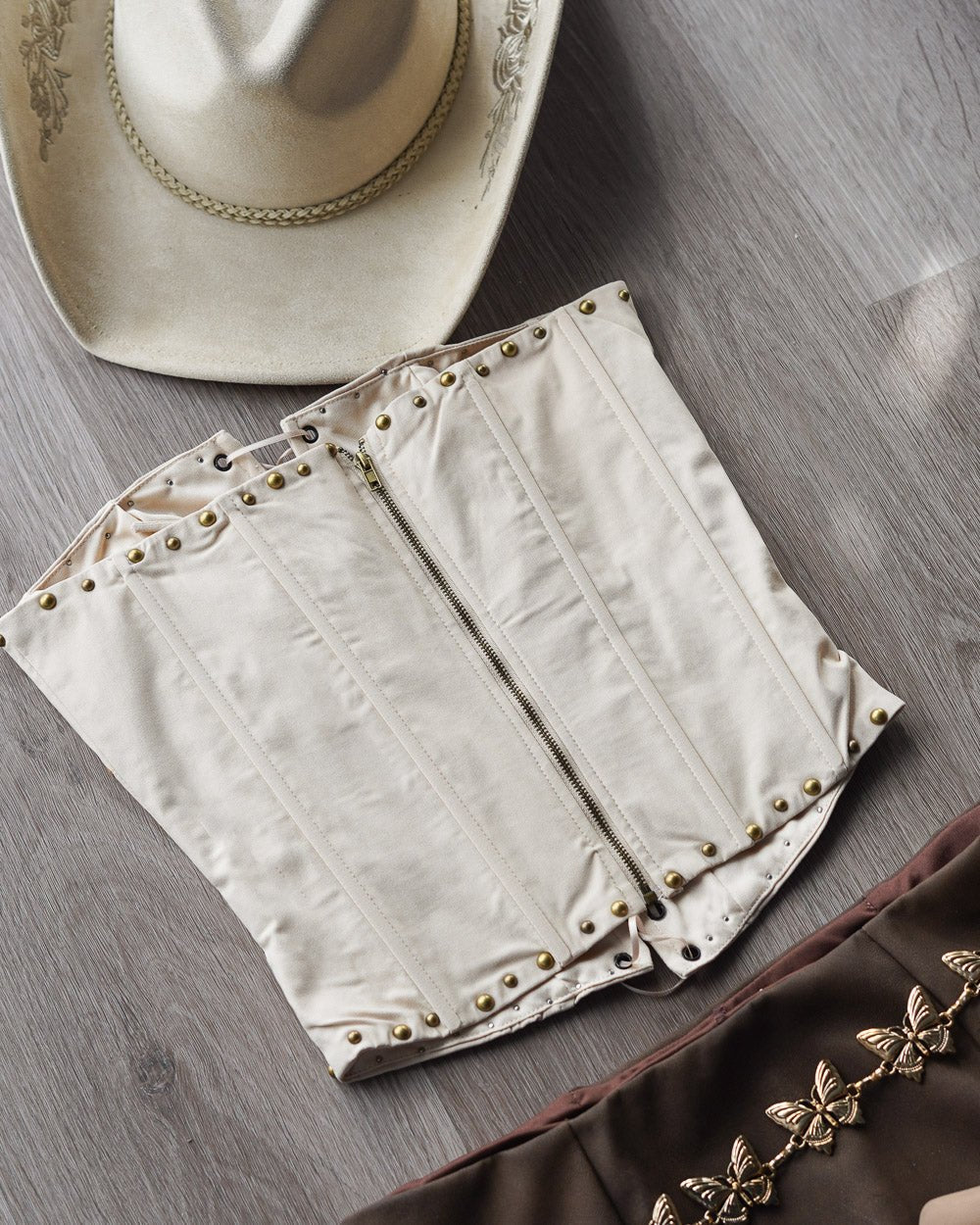 Hawthorne Khaki Woven Floral Embroidered Studded Lace Front Corset Top - Cindy Jane Boutique - Tanks, Camis & Tube Tops