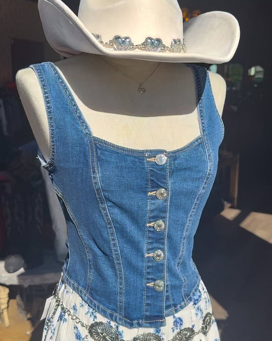 Hazel Medium Wash Blue Sleeveless Denim Corset Top - Cindy Jane Boutique - Tanks, Camis & Tube Tops
