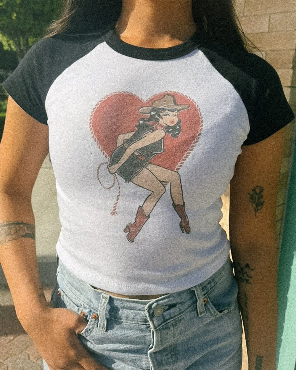 Heart Wrangler White/Black Short Sleeve Raglan Baby Tee - Cindy Jane Boutique - Graphic Tees