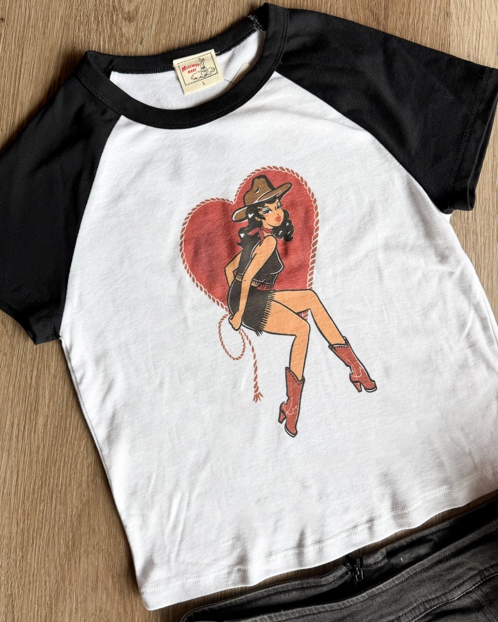 Heart Wrangler White/Black Short Sleeve Raglan Baby Tee - Cindy Jane Boutique - Graphic Tees