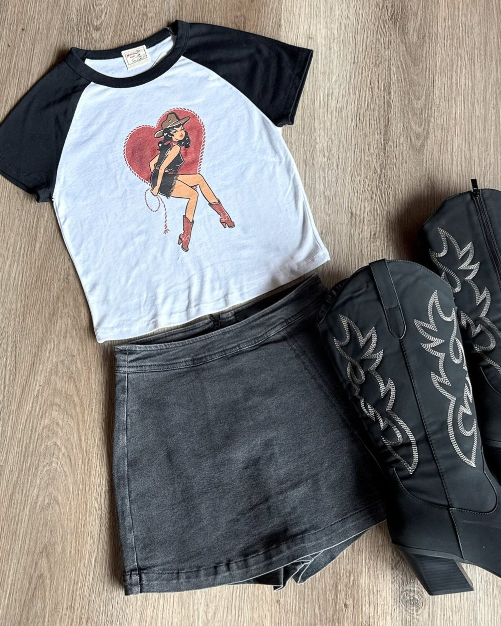 Heart Wrangler White/Black Short Sleeve Raglan Baby Tee - Cindy Jane Boutique - Graphic Tees