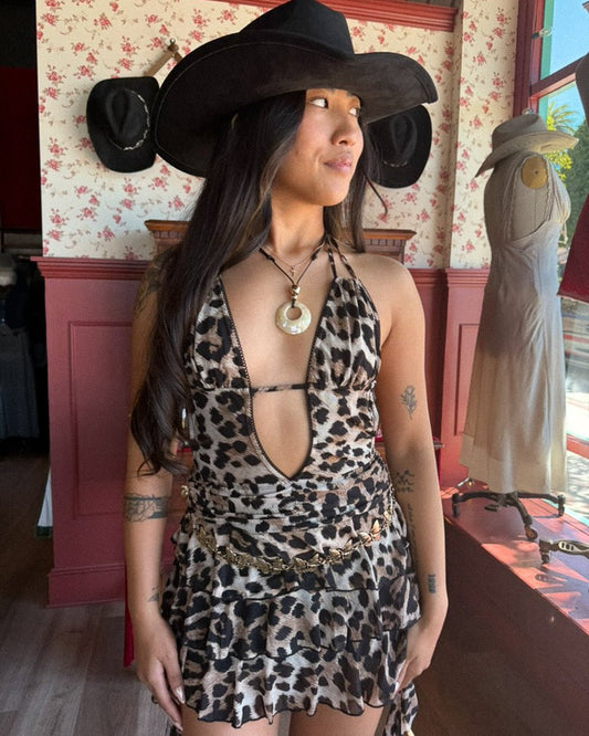 Hellcat Leopard Print Mesh Plunging Halter Mini Dress - Cindy Jane Boutique - Short Dresses