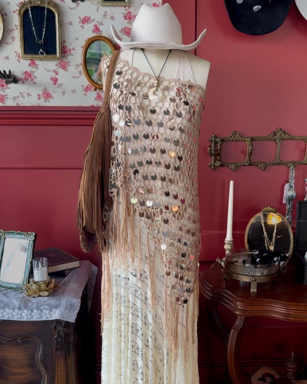 High Desert Khaki Sequin Fringe Crochet Poncho - Cindy Jane Boutique - Coats & Jackets