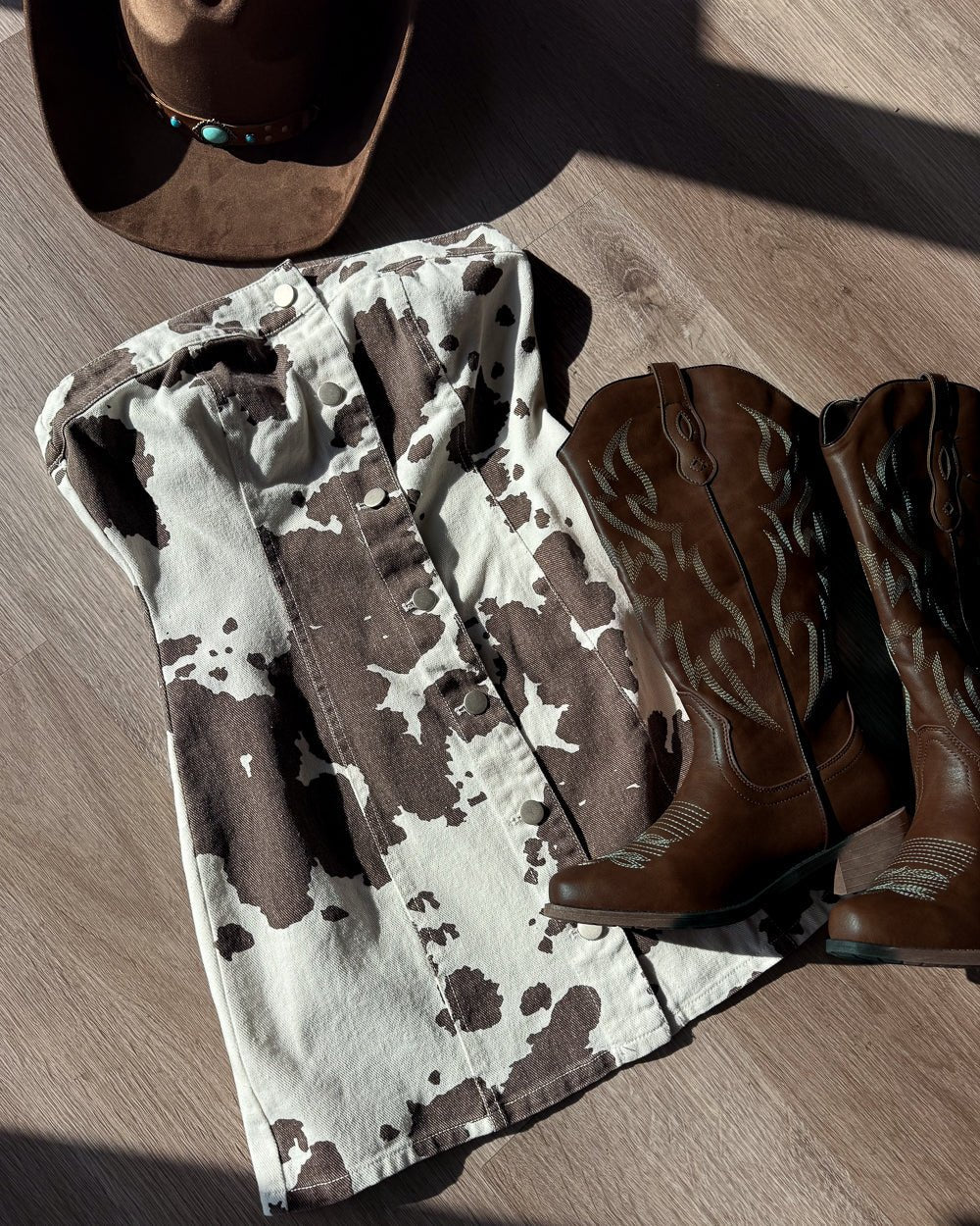 Holy Cow Light Brown Multi Cow Print Strapless Mini Dress M / Light Brown Multi
