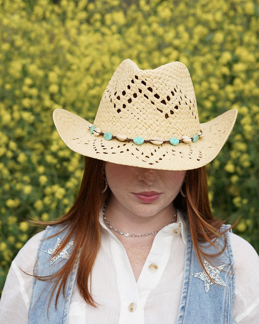 Ivory Cowrie Shell Straw Coastal Cowgirl Hat - Cindy Jane Boutique - Hats