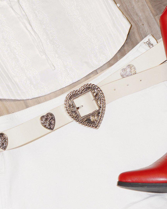 Ivory Etched Faux Leather Heart Buckle Belt - Cindy Jane Boutique - Belts