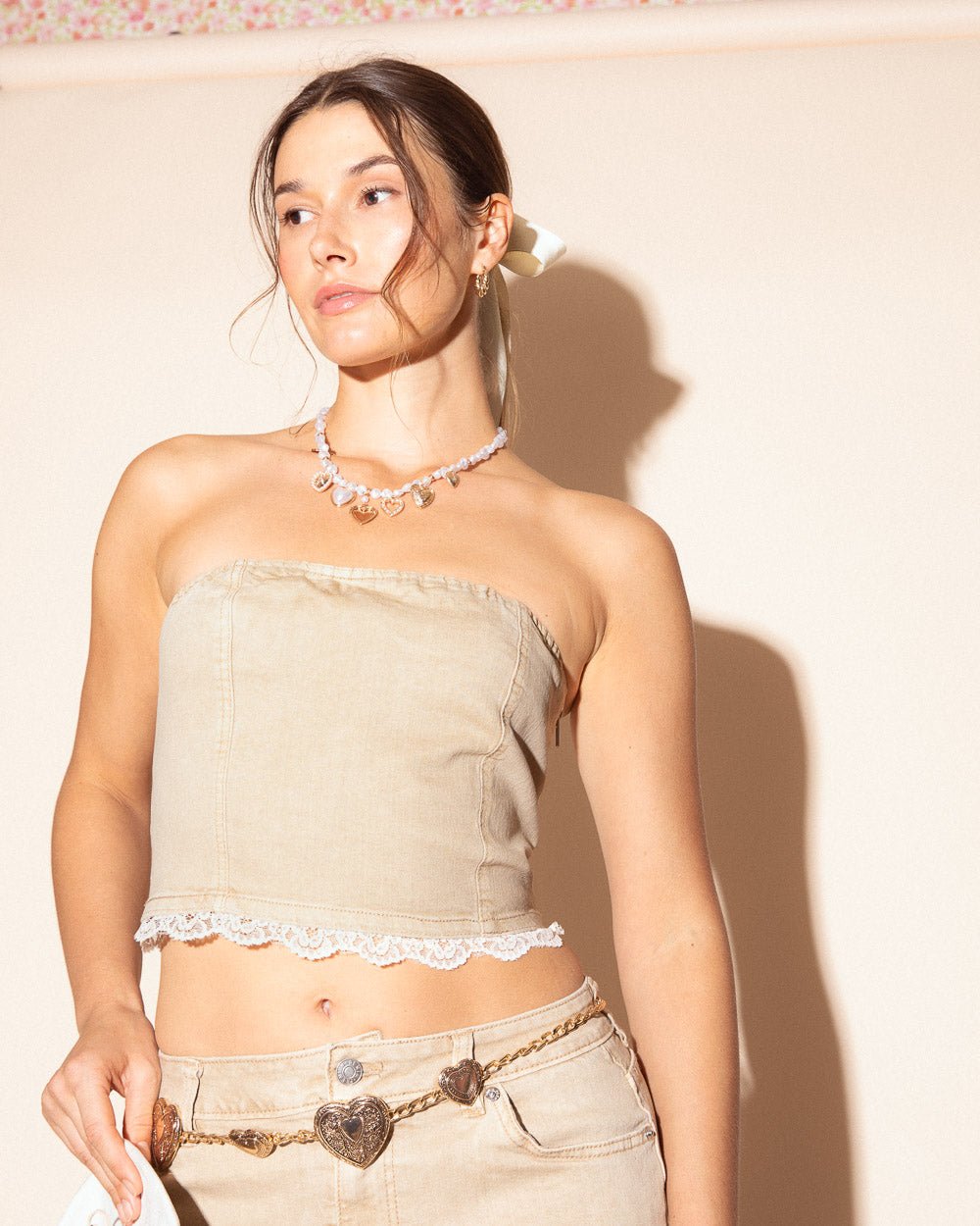 Kassidy Beige Strapless Lace Trim Denim Corset Top And Mini Skirt Set - Cindy Jane Boutique - Two Piece Sets